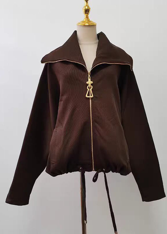 Casual Black Zipper Drawstring Splicing Design Jacket Batwing Sleeve