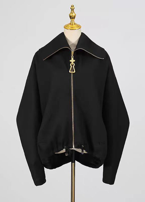 Casual Black Zipper Drawstring Splicing Design Jacket Batwing Sleeve
