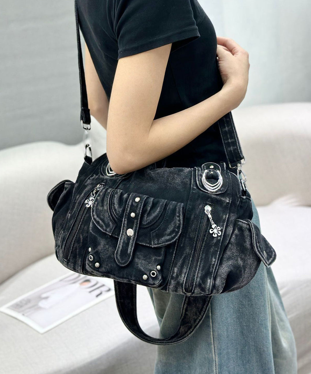 Casual Blue Pockets Patchwork Denim Hobo Bag