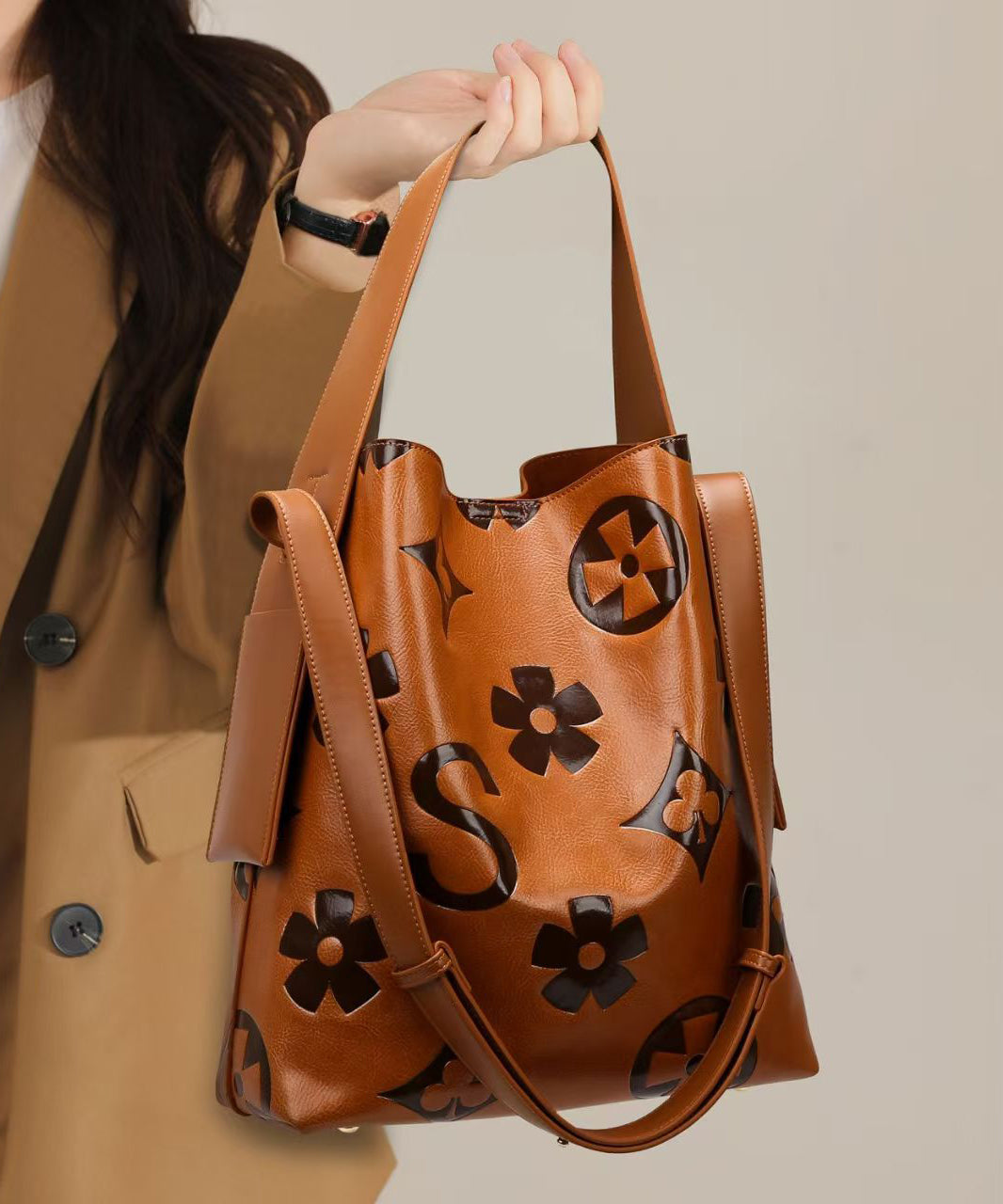 Casual Brown Emboss Large Capacity Calf Leather Bucket Bag