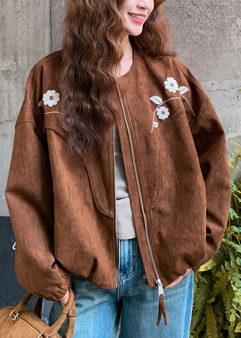 Casual Brown Embroidered Floral Faux Suede Jacket Fall