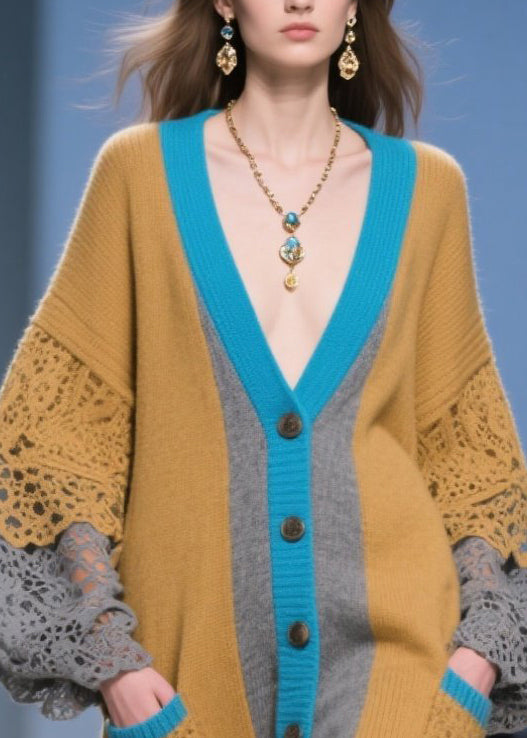 Casual Brown Oversized Patchwork Lace Knit Cardigans Fall
