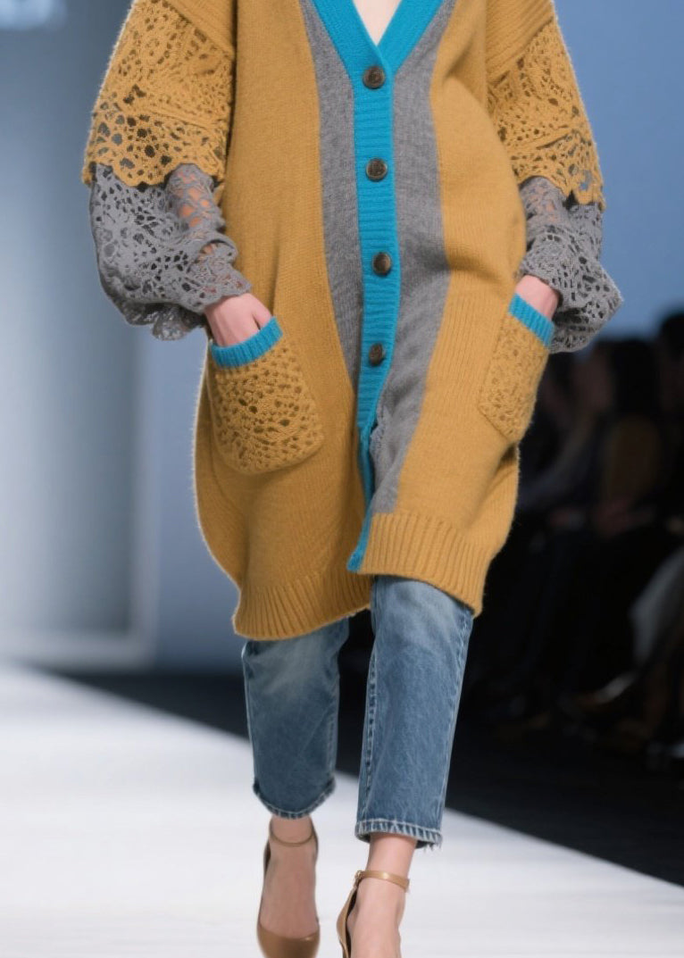 Casual Brown Oversized Patchwork Lace Knit Cardigans Fall