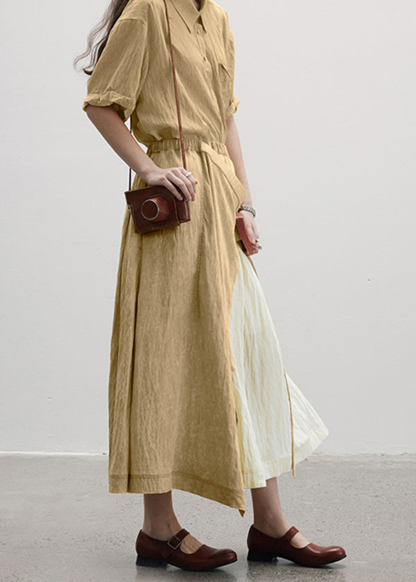 Casual Camel Wrinkled Asymmetrical Patchwork Cotton Skirt Summer