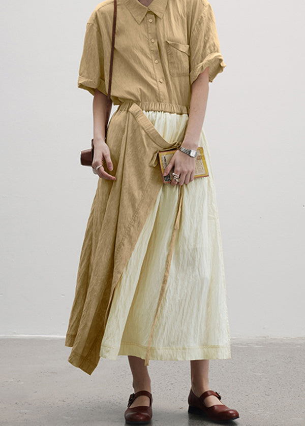 Casual Camel Wrinkled Asymmetrical Patchwork Cotton Skirt Summer