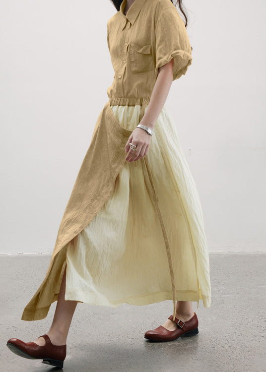 Casual Camel Wrinkled Asymmetrical Patchwork Cotton Skirt Summer