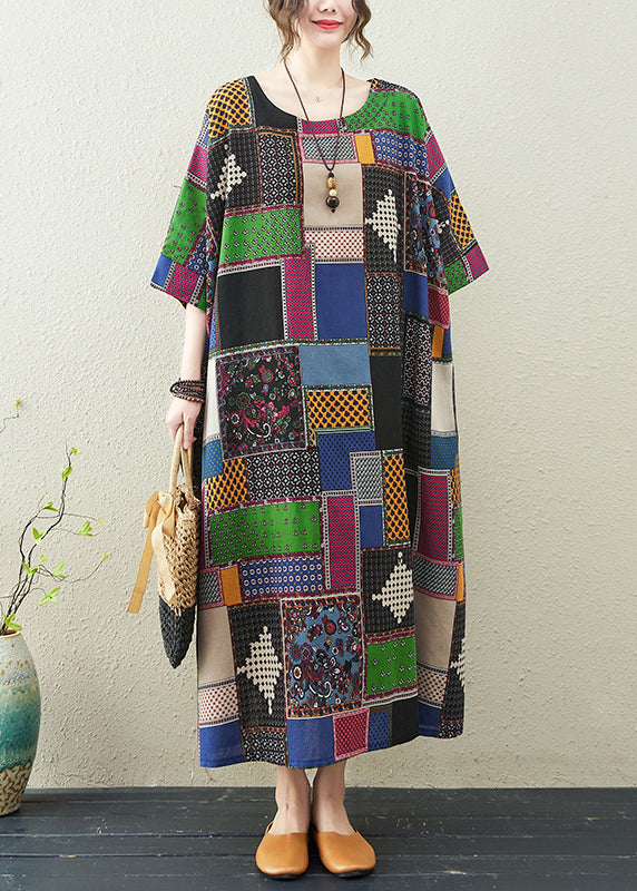 Casual Colorblock O-Neck Print Maxi Dress Summer