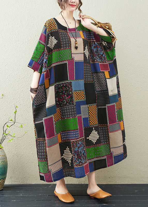 Casual Colorblock O-Neck Print Maxi Dress Summer