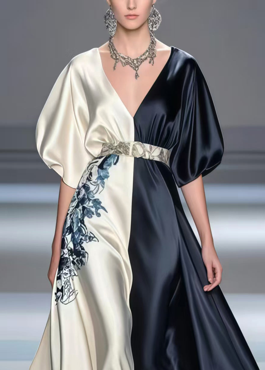 Casual Colorblock Puff Sleeve Patchwork Silk Tunic Dresses Summer