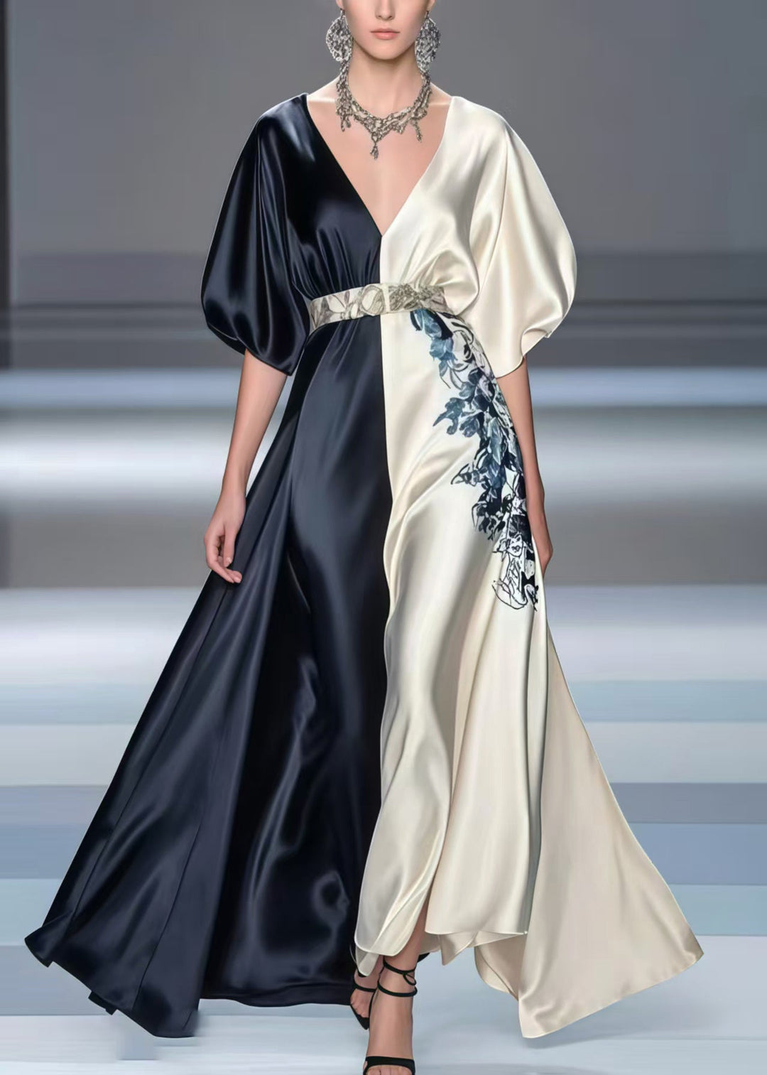 Casual Colorblock Puff Sleeve Patchwork Silk Tunic Dresses Summer