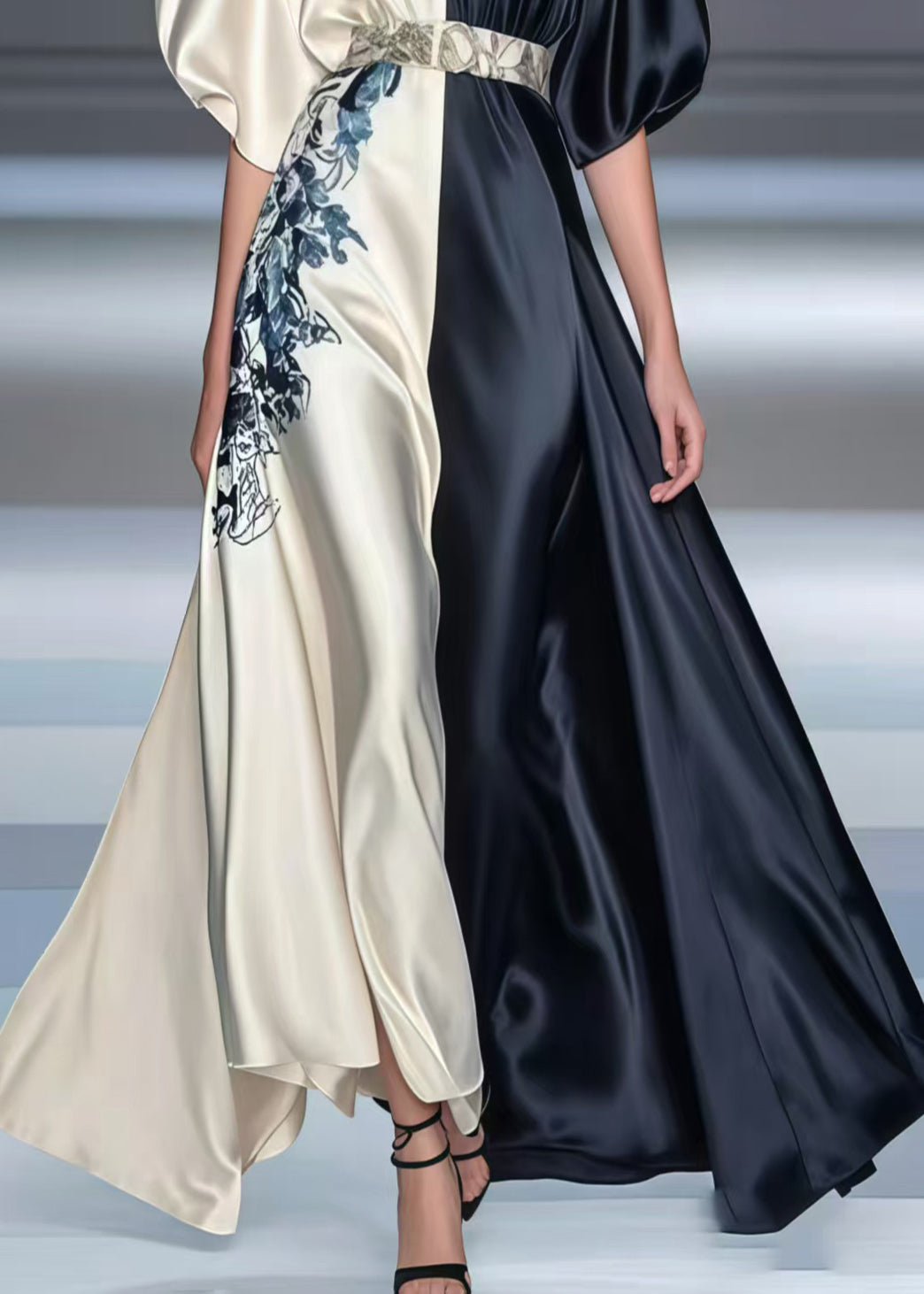 Casual Colorblock Puff Sleeve Patchwork Silk Tunic Dresses Summer