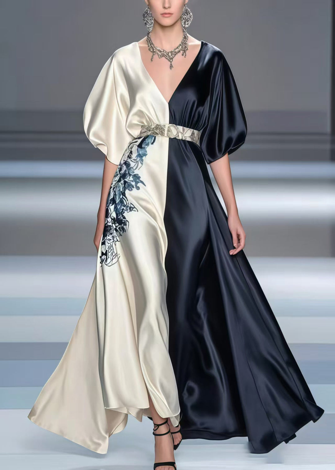 Casual Colorblock Puff Sleeve Patchwork Silk Tunic Dresses Summer