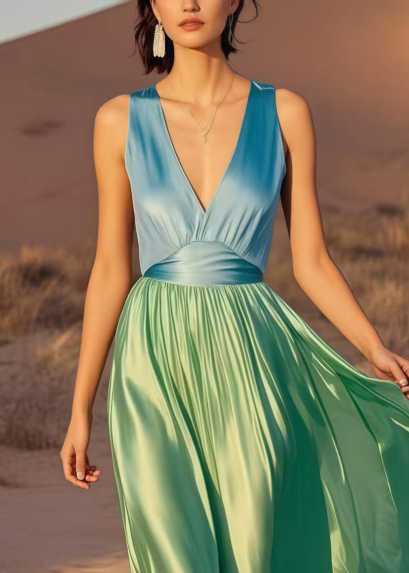 Casual Colorblock V Neck Patchwork Draping Silk Maxi Dress Summer