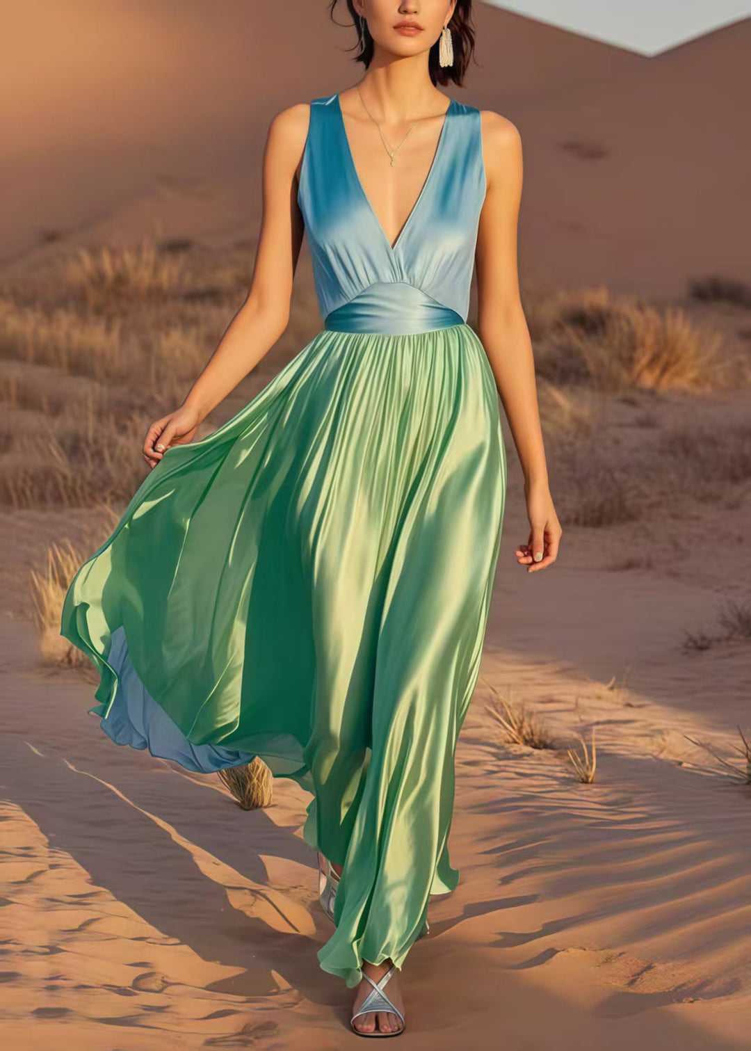 Casual Colorblock V Neck Patchwork Draping Silk Maxi Dress Summer