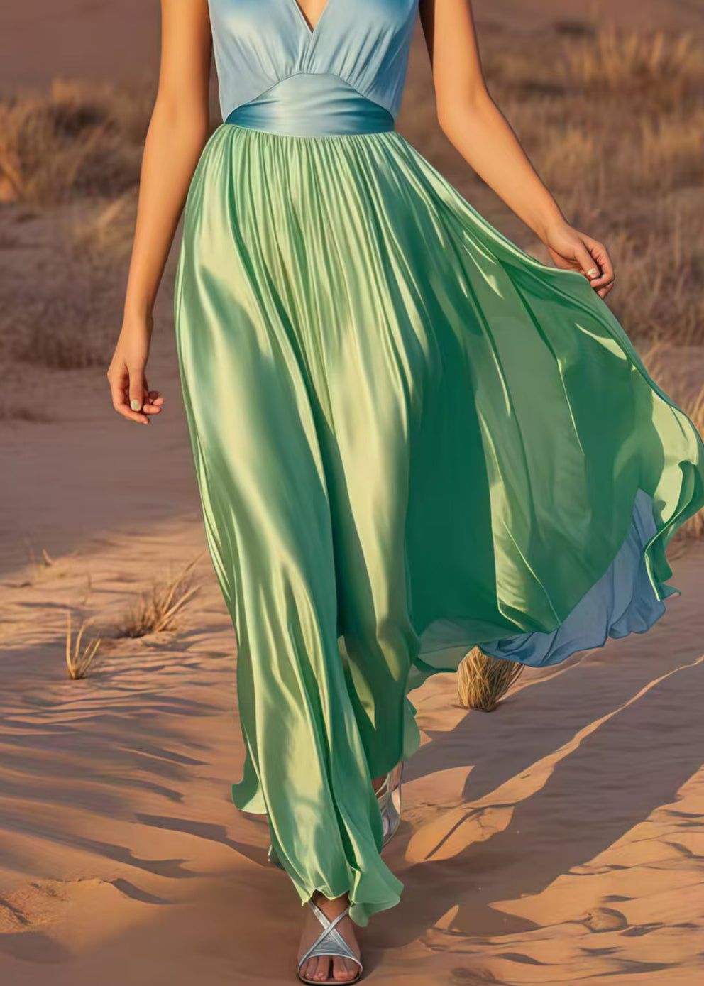 Casual Colorblock V Neck Patchwork Draping Silk Maxi Dress Summer