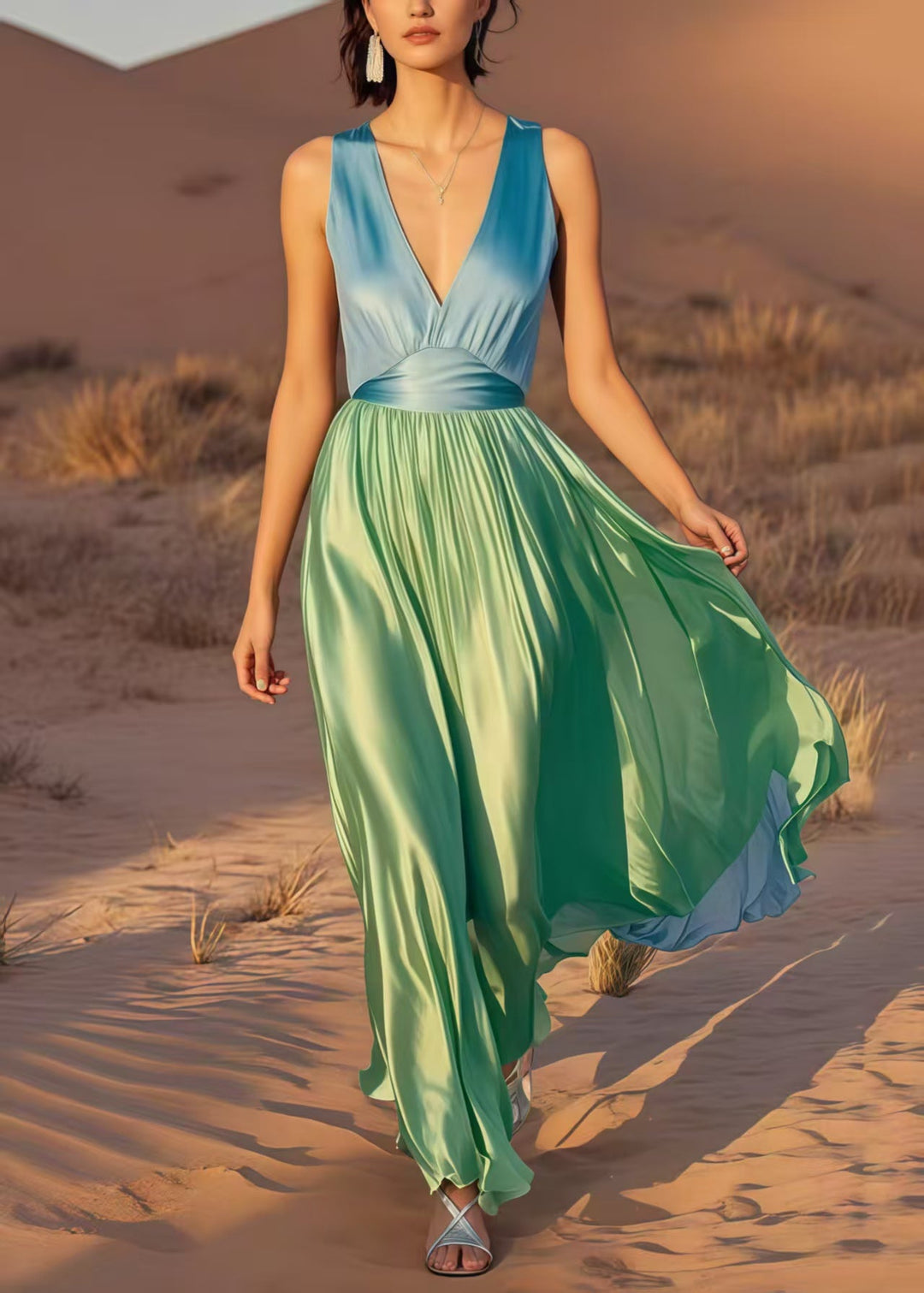 Casual Colorblock V Neck Patchwork Draping Silk Maxi Dress Summer