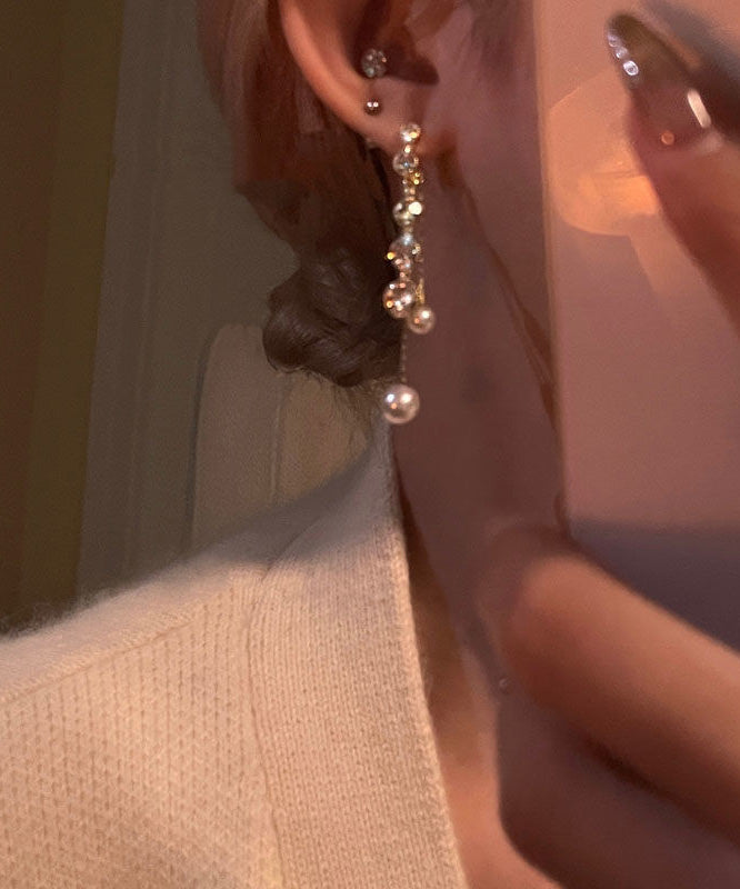 Casual Gold Copper Alloy Zircon Pearl Tassel Drop Earrings