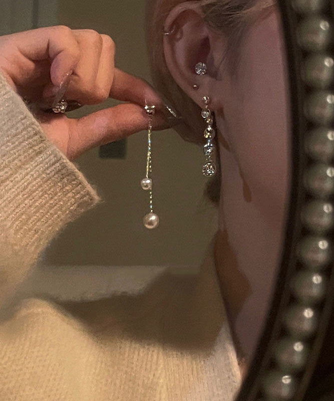 Casual Gold Copper Alloy Zircon Pearl Tassel Drop Earrings