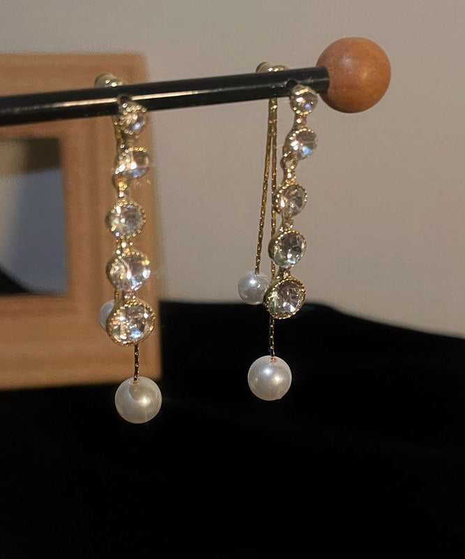 Casual Gold Copper Alloy Zircon Pearl Tassel Drop Earrings