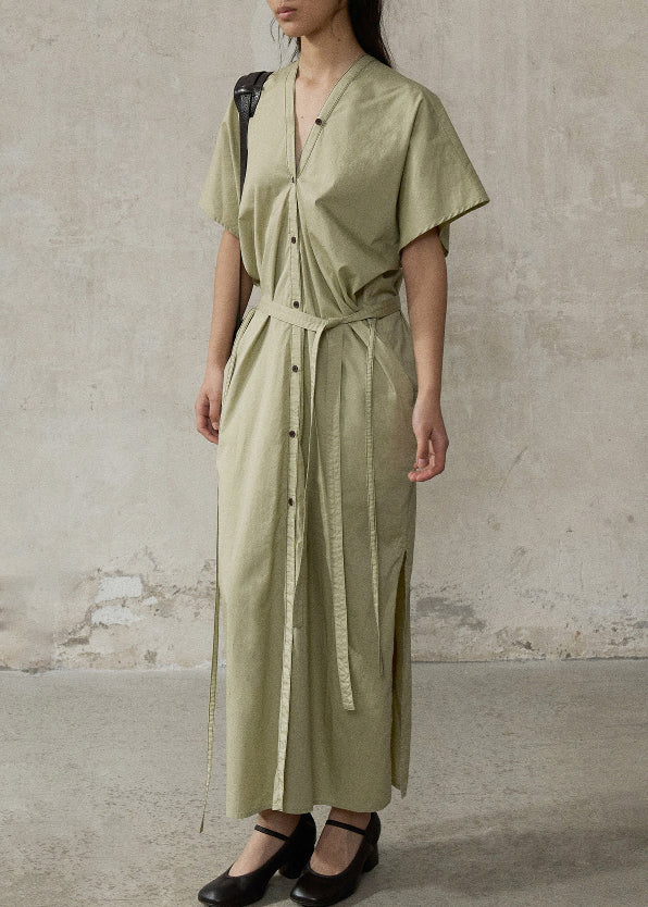 Casual Green V Neck Side Open Cotton Long Dresses Summer