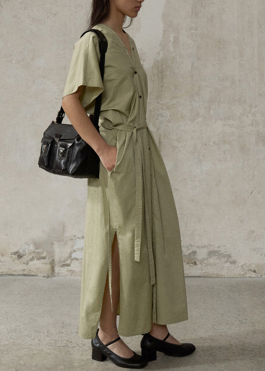 Casual Green V Neck Side Open Cotton Long Dresses Summer