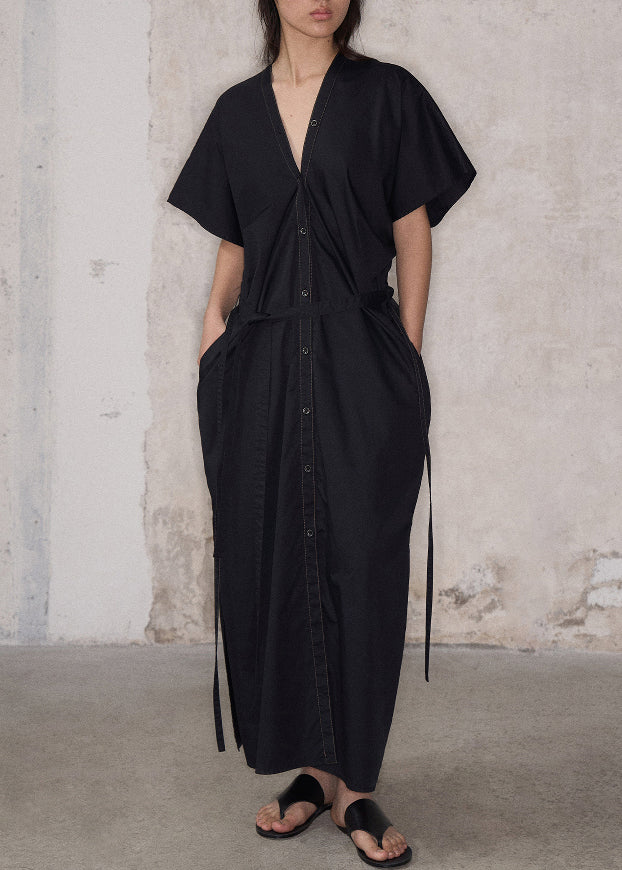 Casual Green V Neck Side Open Cotton Long Dresses Summer