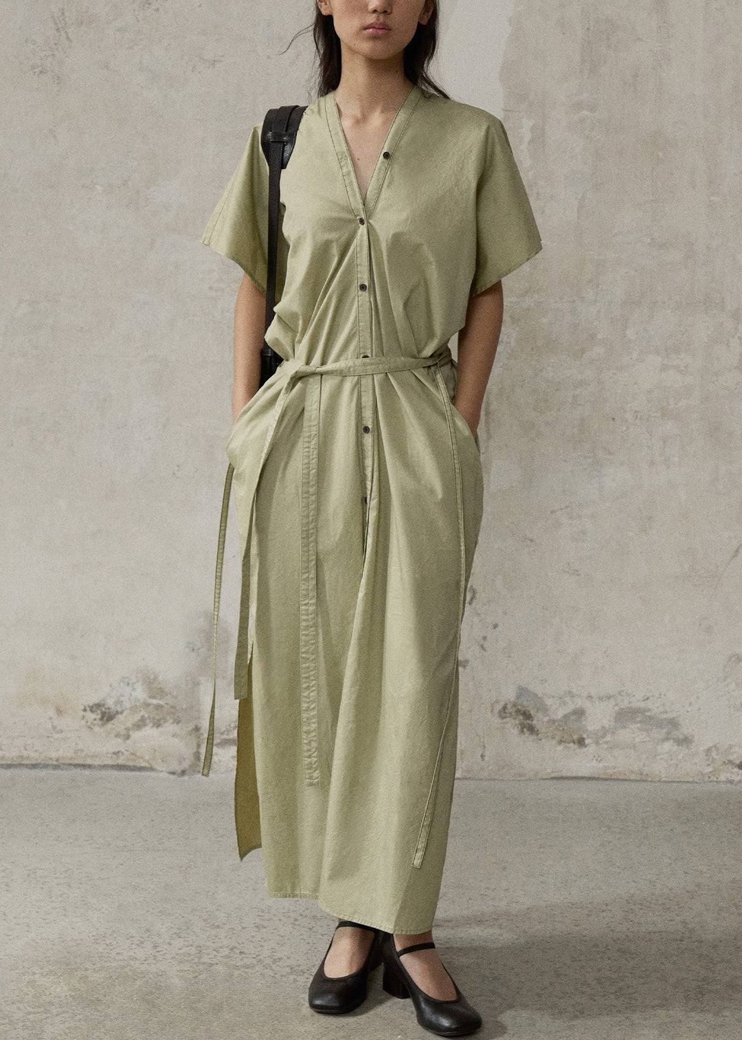 Casual Green V Neck Side Open Cotton Long Dresses Summer