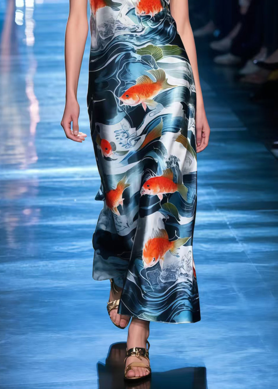 Casual Navy V Neck Print Silk Cami Dress Summer