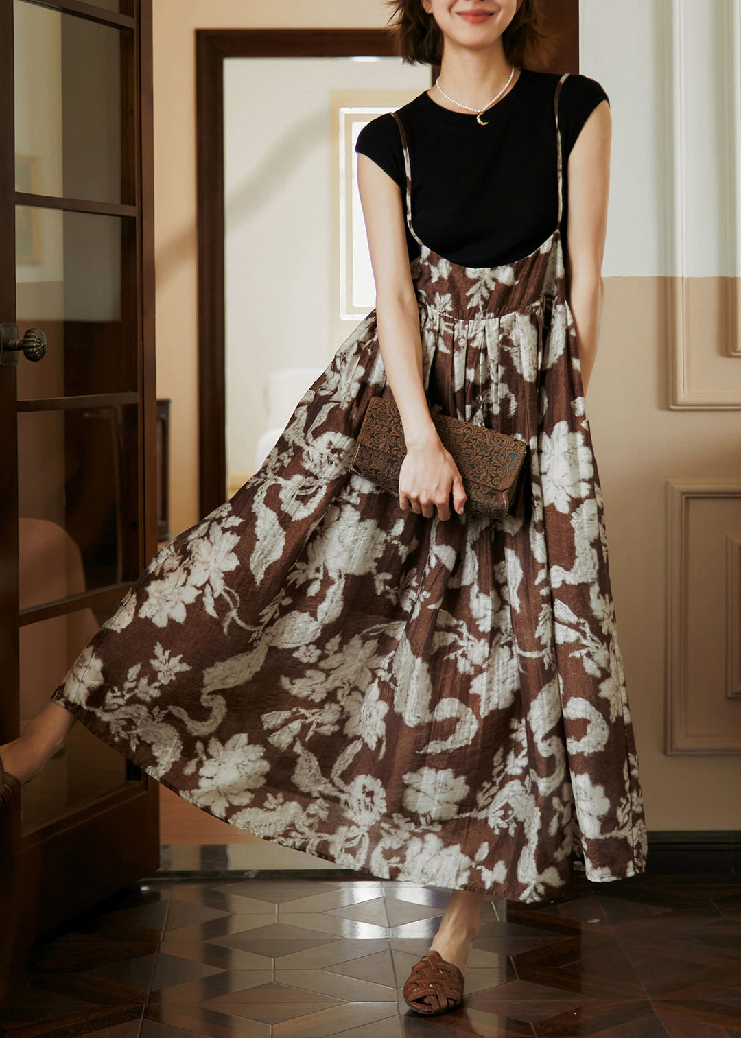 Casual Print Wrinkled Cotton Spaghetti Strap Dress Summer