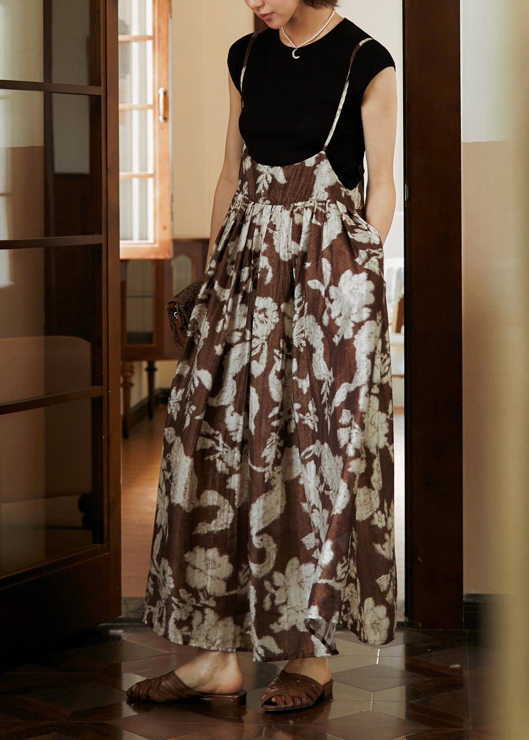 Casual Print Wrinkled Cotton Spaghetti Strap Dress Summer