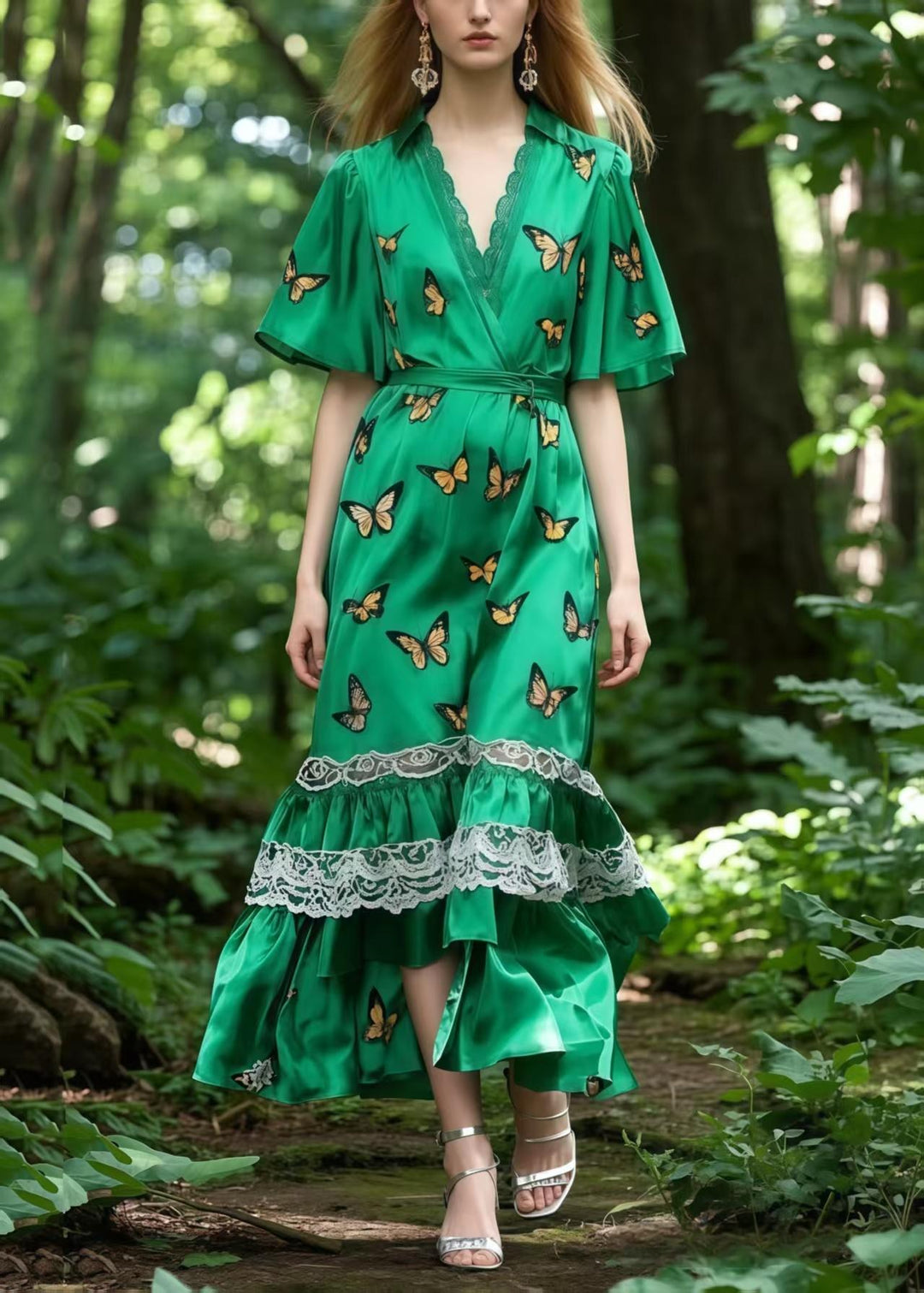 Casual Tea Green Butterfly Patchwork Lace Silk Tunic Dress Summer