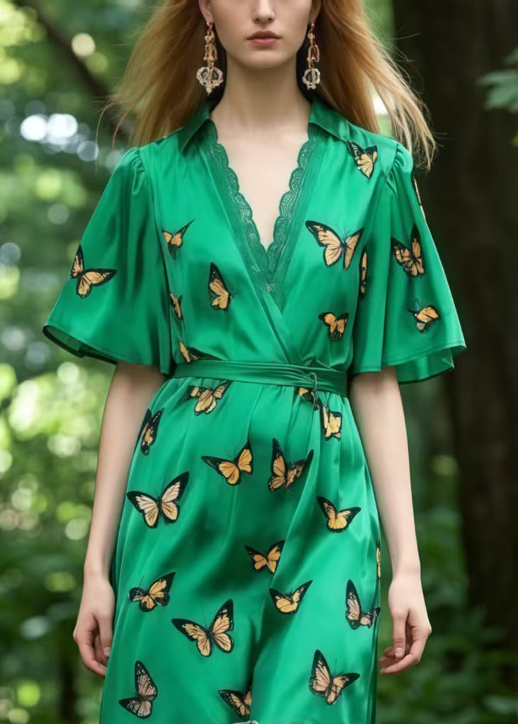 Casual Tea Green Butterfly Patchwork Lace Silk Tunic Dress Summer