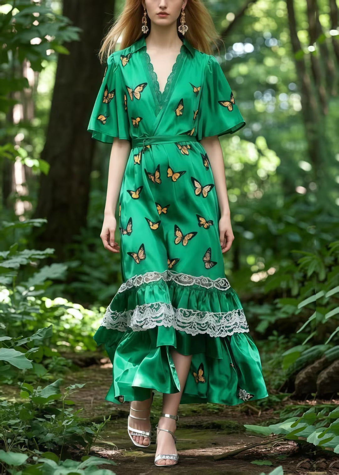 Casual Tea Green Butterfly Patchwork Lace Silk Tunic Dress Summer