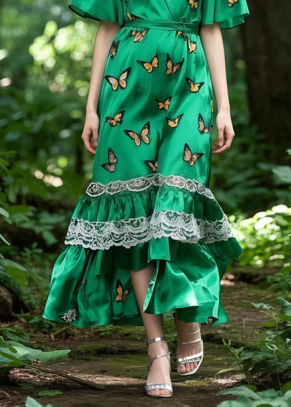 Casual Tea Green Butterfly Patchwork Lace Silk Tunic Dress Summer