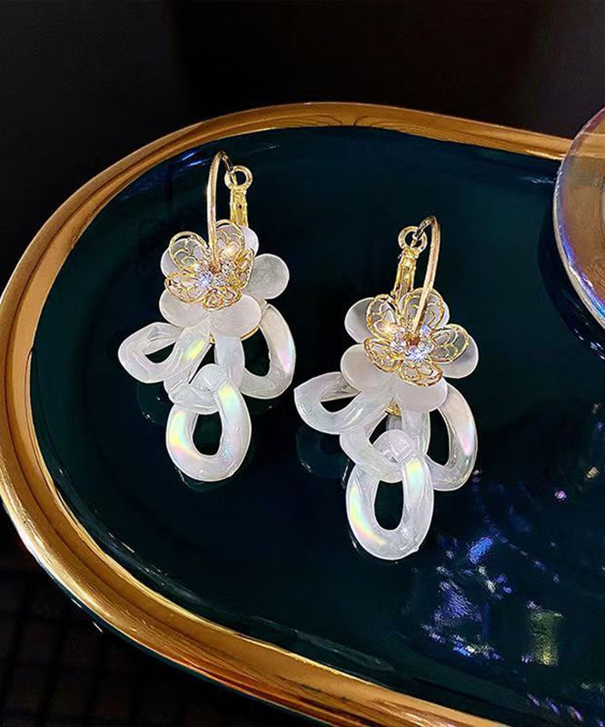 Casual White Acrylic Alloy Zircon Resin Floral Drop Earrings