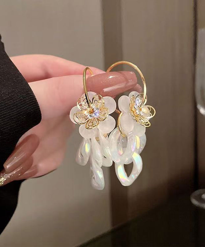 Casual White Acrylic Alloy Zircon Resin Floral Drop Earrings