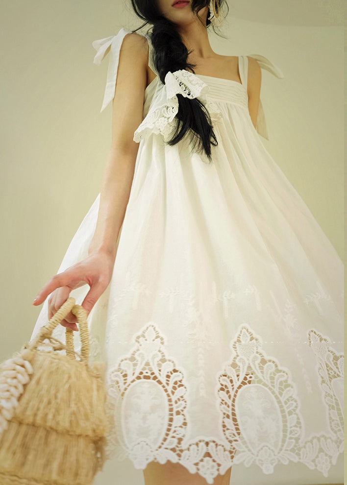 Casual White Embroidered Hollow Out Cotton Party Long Dress Summer