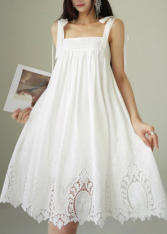 Casual White Embroidered Hollow Out Cotton Party Long Dress Summer
