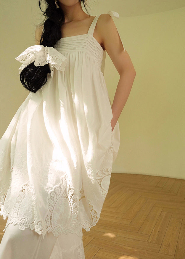 Casual White Embroidered Hollow Out Cotton Party Long Dress Summer