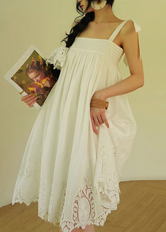 Casual White Embroidered Hollow Out Cotton Party Long Dress Summer