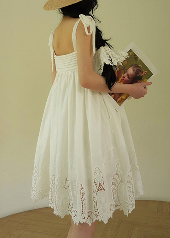 Casual White Embroidered Hollow Out Cotton Party Long Dress Summer