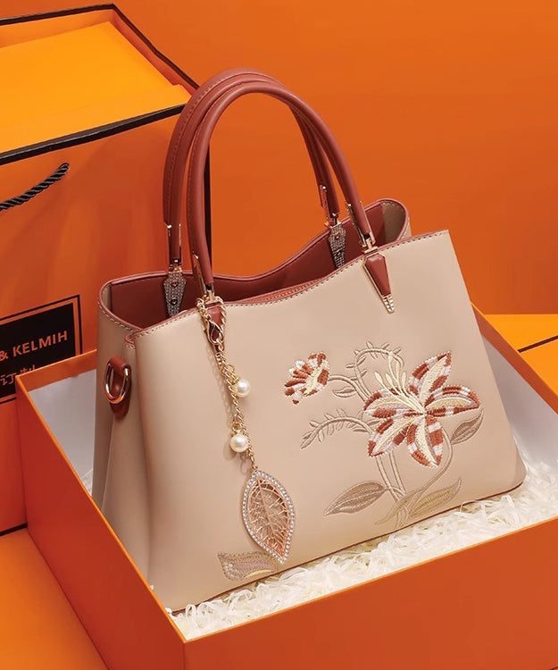 Chic Apricot Embroidery Calf Leather Tote Bag