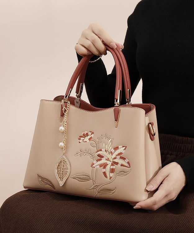 Chic Apricot Embroidery Calf Leather Tote Bag
