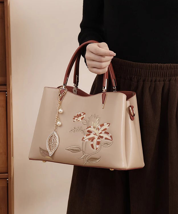 Chic Apricot Embroidery Calf Leather Tote Bag