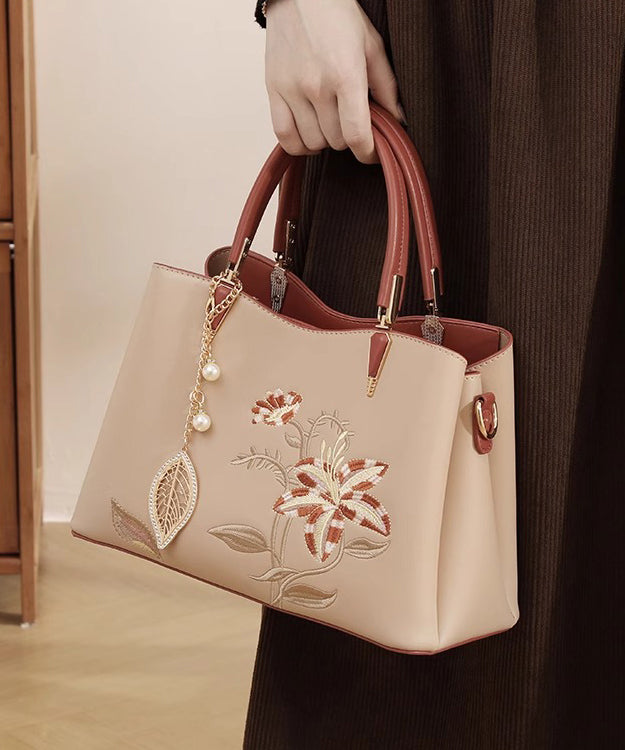 Chic Apricot Embroidery Calf Leather Tote Bag
