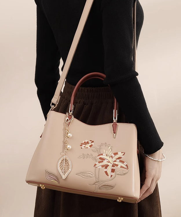 Chic Apricot Embroidery Calf Leather Tote Bag
