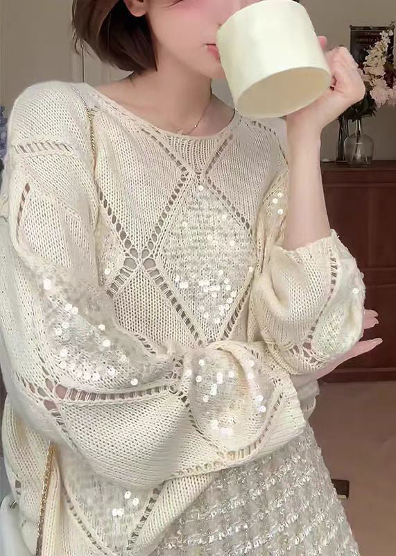 Chic Apricot O Neck Hollow Out Sequins Knit Sweater Fall
