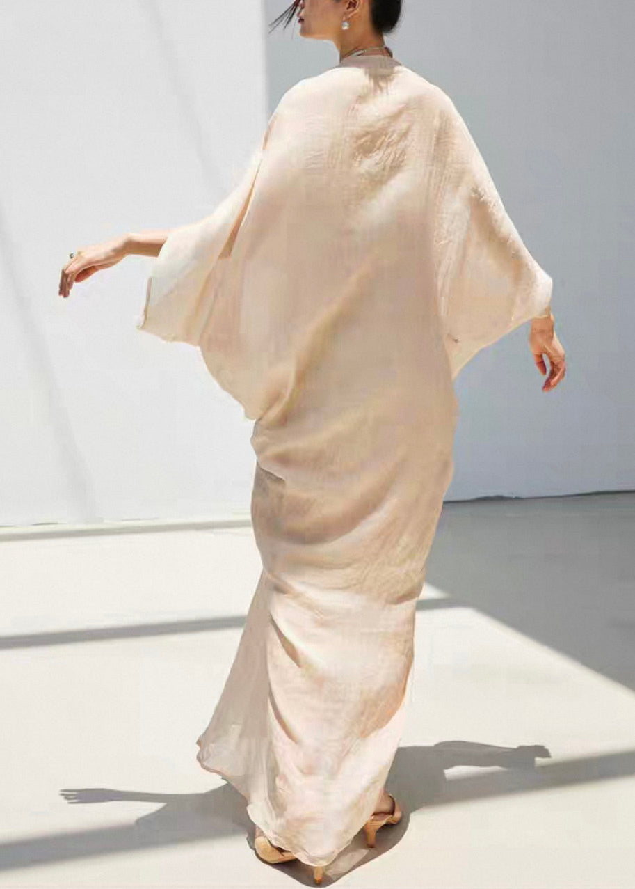 Chic Beige V Neck Wrinkled Solid Linen Silk Dress Bracelet Sleeve