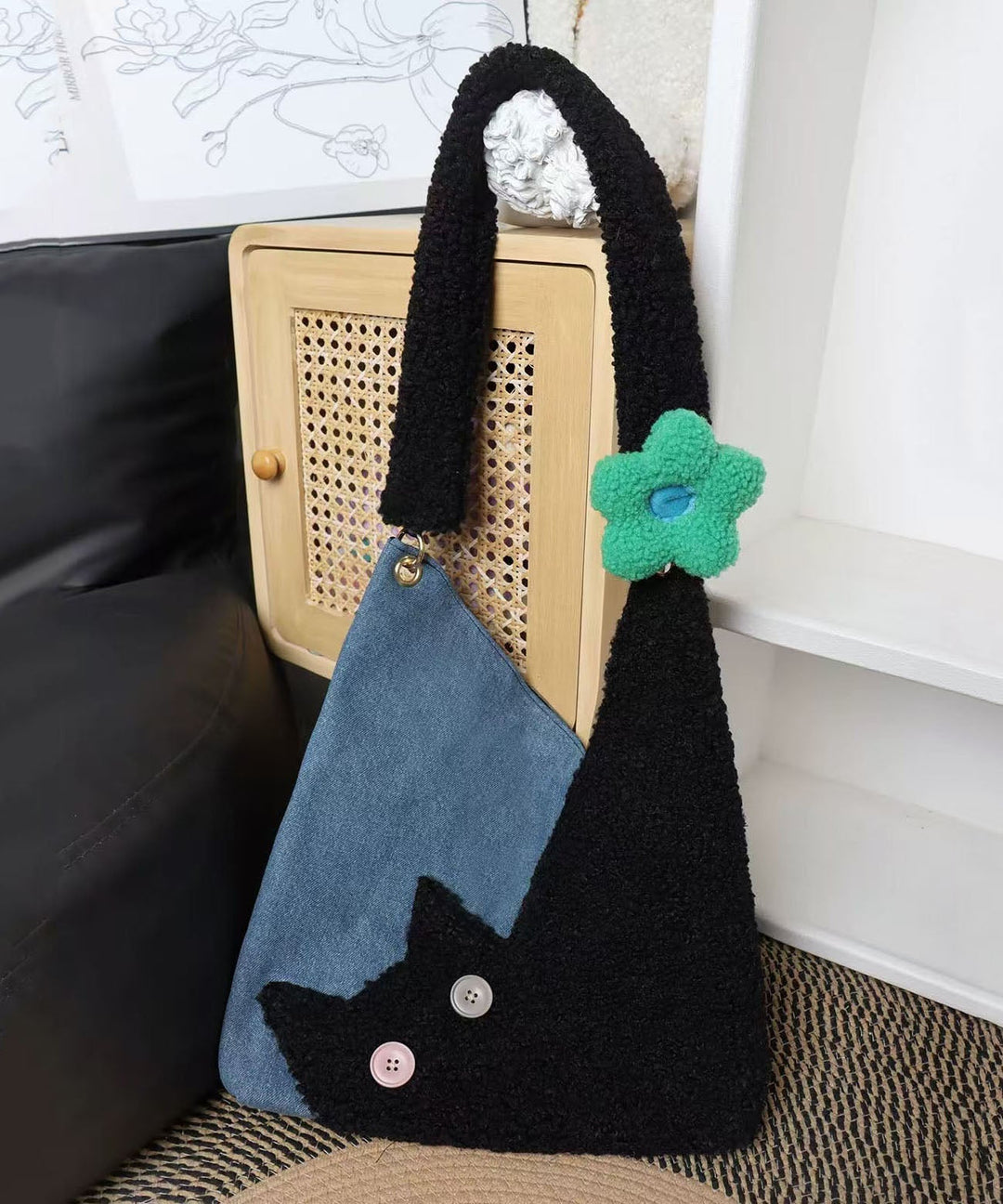 Chic Black Cat Patchwork Flower Shoulder Bags