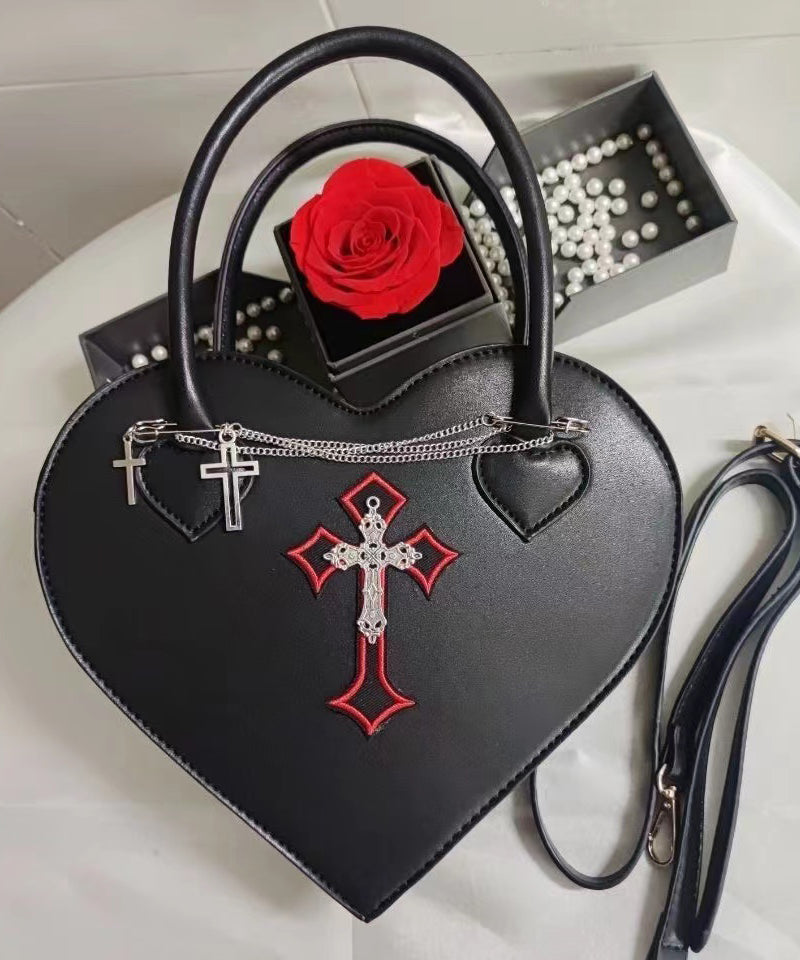 Chic Black Love Shape Chain Linked Faux Leather Tote Handbag